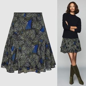 Reiss Muriel Jungle Printed Mini Skirt Blue Green Chiffon Ruffle Hem